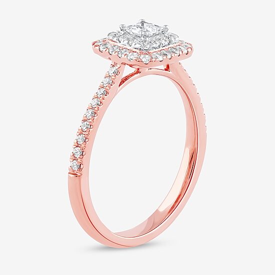 Certified (F / Si1) Womens 1/2 CT. T.W. Lab Grown White Diamond 10K Gold Cushion Side Stone Halo Engagement Ring