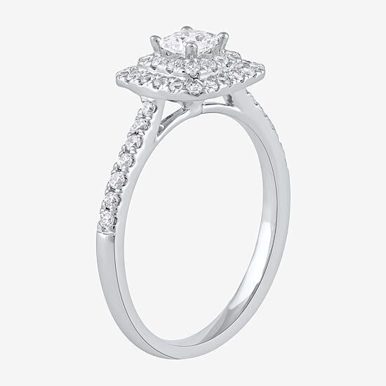 Certified (F / Si1) Womens 5/8 CT. T.W. Lab Grown White Diamond 10K Gold Cushion Side Stone Halo Engagement Ring