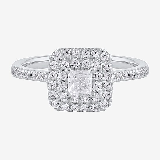 Certified (F / Si1) Womens 5/8 CT. T.W. Lab Grown White Diamond 10K Gold Cushion Side Stone Halo Engagement Ring