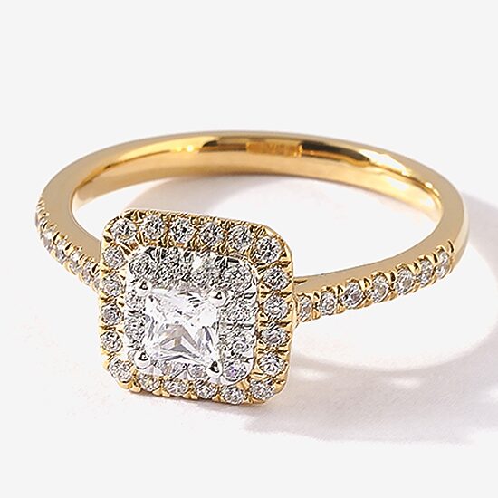 Certified (F / Si1) Womens 5/8 CT. T.W. Lab Grown White Diamond 10K Gold Cushion Side Stone Halo Engagement Ring