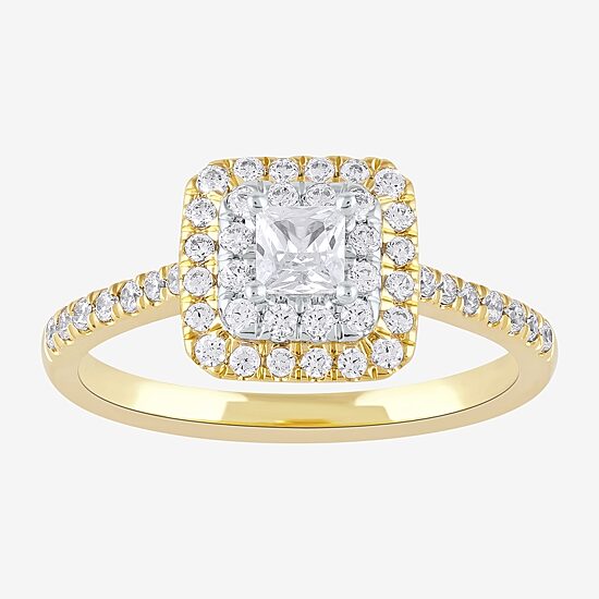 Certified (F / Si1) Womens 5/8 CT. T.W. Lab Grown White Diamond 10K Gold Cushion Side Stone Halo Engagement Ring