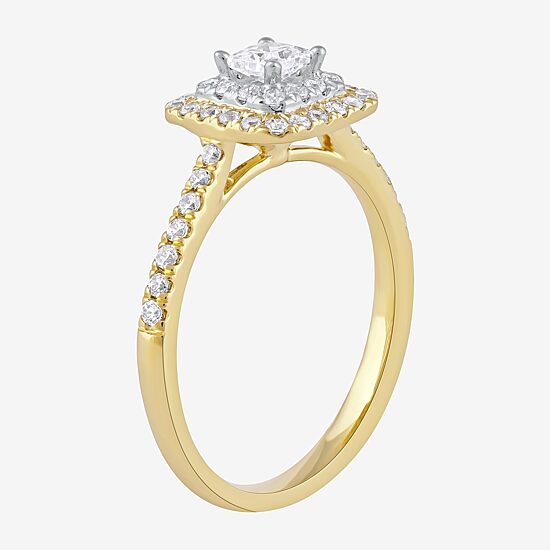 Certified (F / Si1) Womens 5/8 CT. T.W. Lab Grown White Diamond 10K Gold Cushion Side Stone Halo Engagement Ring