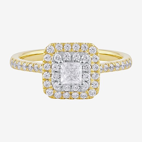 Certified (F / Si1) Womens 5/8 CT. T.W. Lab Grown White Diamond 10K Gold Cushion Side Stone Halo Engagement Ring