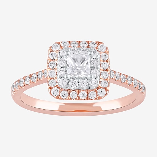 Certified (F / Si1) Womens 5/8 CT. T.W. Lab Grown White Diamond 10K Gold Cushion Side Stone Halo Engagement Ring