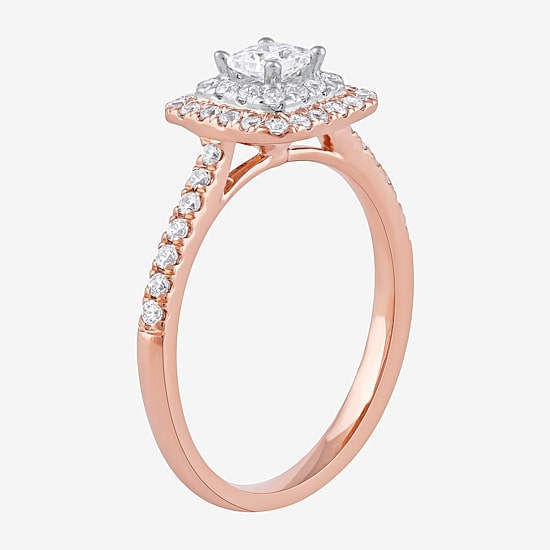 Certified (F / Si1) Womens 5/8 CT. T.W. Lab Grown White Diamond 10K Gold Cushion Side Stone Halo Engagement Ring