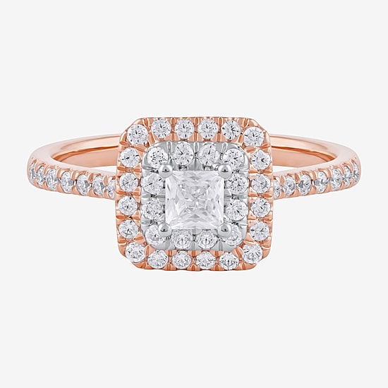 Certified (F / Si1) Womens 5/8 CT. T.W. Lab Grown White Diamond 10K Gold Cushion Side Stone Halo Engagement Ring