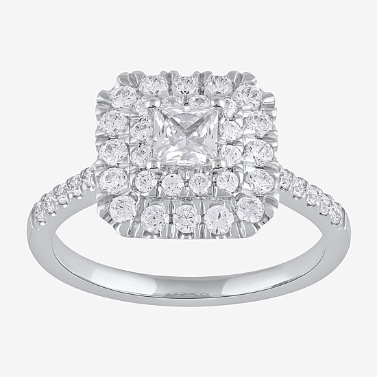 Certified (F / Si1) Womens 1 CT. T.W. Lab Grown White Diamond 10K Gold Cushion Side Stone Halo Engagement Ring