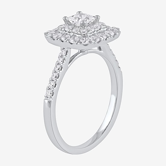 Certified (F / Si1) Womens 1 CT. T.W. Lab Grown White Diamond 10K Gold Cushion Side Stone Halo Engagement Ring