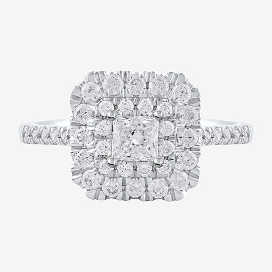 Certified (F / Si1) Womens 1 CT. T.W. Lab Grown White Diamond 10K Gold Cushion Side Stone Halo Engagement Ring