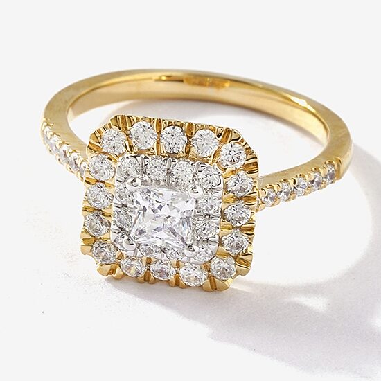 Certified (F / Si1) Womens 1 CT. T.W. Lab Grown White Diamond 10K Gold Cushion Side Stone Halo Engagement Ring