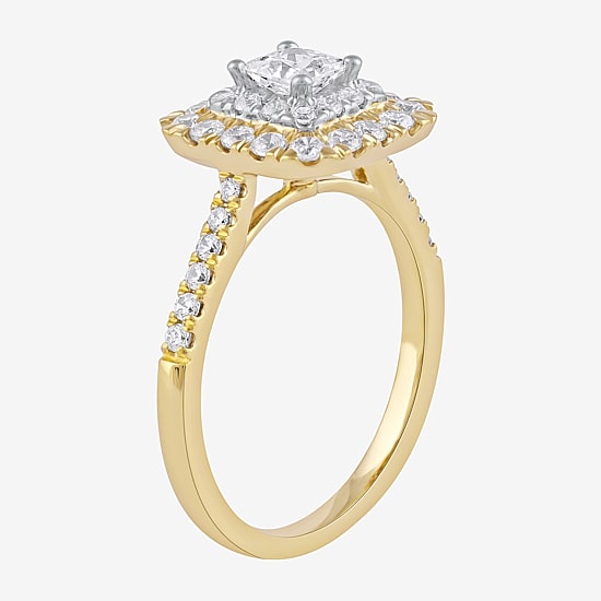 Certified (F / Si1) Womens 1 CT. T.W. Lab Grown White Diamond 10K Gold Cushion Side Stone Halo Engagement Ring