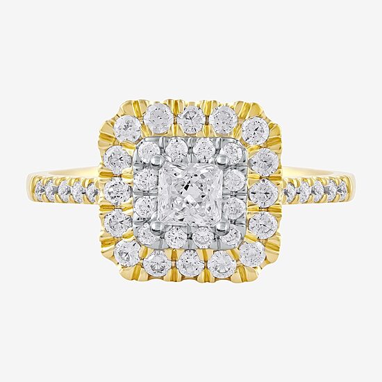 Certified (F / Si1) Womens 1 CT. T.W. Lab Grown White Diamond 10K Gold Cushion Side Stone Halo Engagement Ring