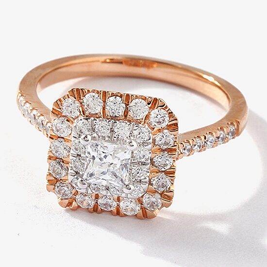 Certified (F / Si1) Womens 1 CT. T.W. Lab Grown White Diamond 10K Gold Cushion Side Stone Halo Engagement Ring