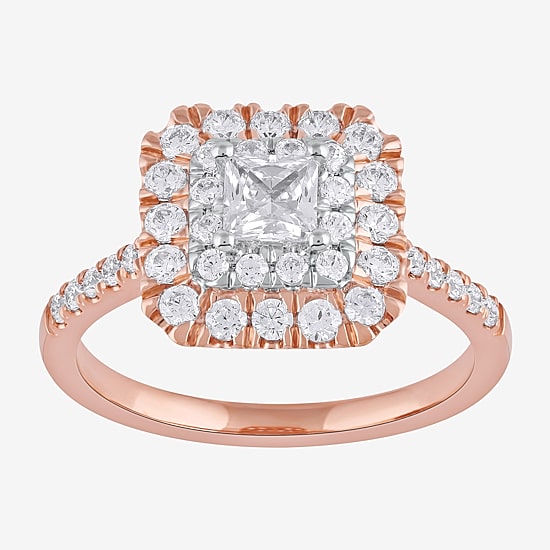 Certified (F / Si1) Womens 1 CT. T.W. Lab Grown White Diamond 10K Gold Cushion Side Stone Halo Engagement Ring