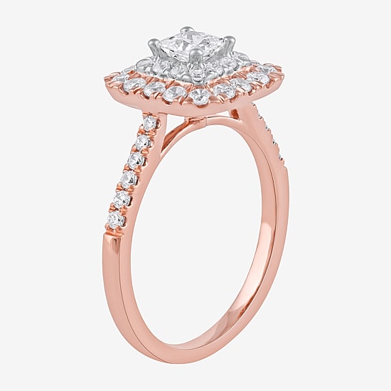 Certified (F / Si1) Womens 1 CT. T.W. Lab Grown White Diamond 10K Gold Cushion Side Stone Halo Engagement Ring
