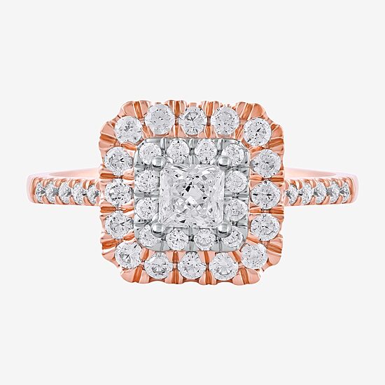 Certified (F / Si1) Womens 1 CT. T.W. Lab Grown White Diamond 10K Gold Cushion Side Stone Halo Engagement Ring