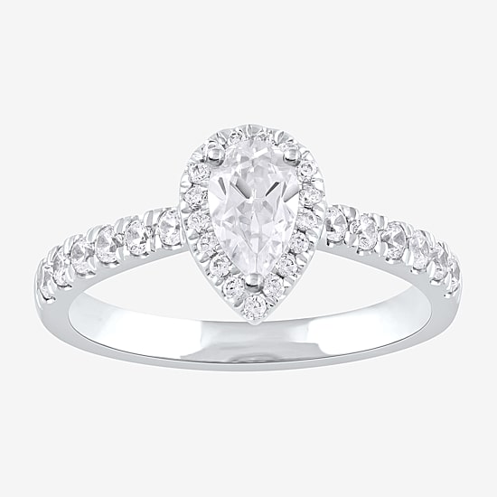 Certified (F / Si1) Womens 3/4 CT. T.W. Lab Grown White Diamond 10K Gold Pear Side Stone Halo Engagement Ring