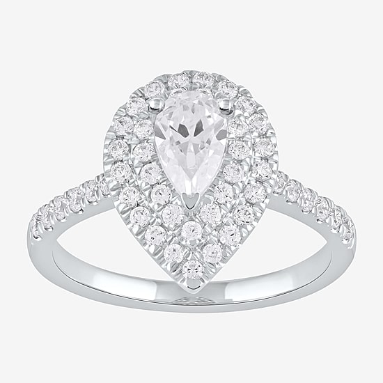 Certified (F / Si1) Womens 1 CT. T.W. Lab Grown White Diamond 10K Gold Pear Side Stone Halo Engagement Ring