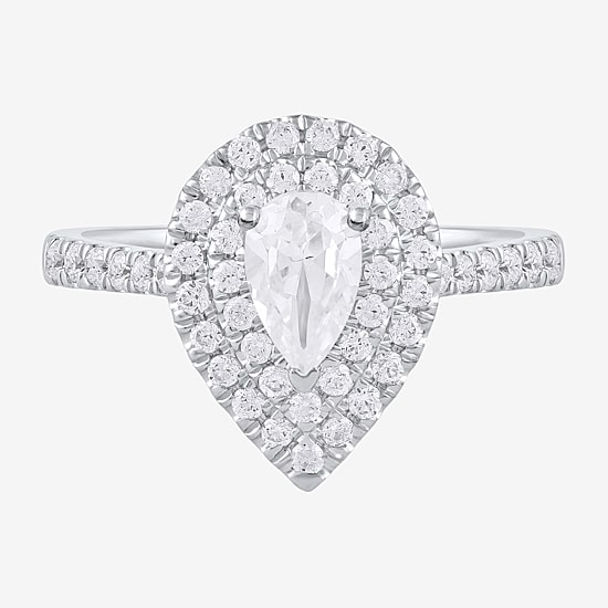 Certified (F / Si1) Womens 1 CT. T.W. Lab Grown White Diamond 10K Gold Pear Side Stone Halo Engagement Ring