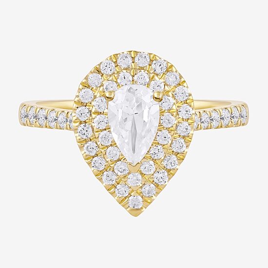 Certified (F / Si1) Womens 1 CT. T.W. Lab Grown White Diamond 10K Gold Pear Side Stone Halo Engagement Ring