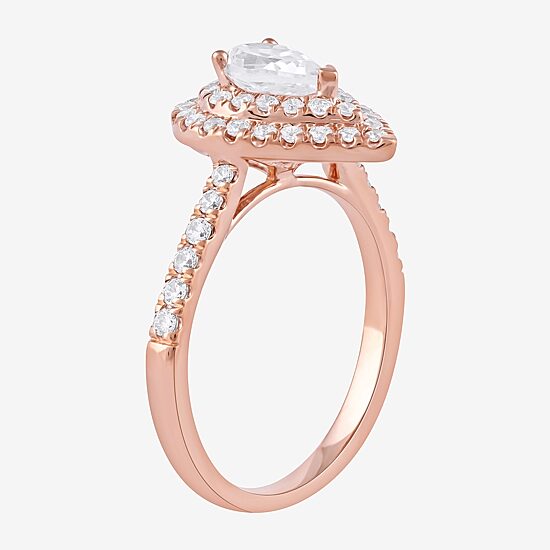 Certified (F / Si1) Womens 1 CT. T.W. Lab Grown White Diamond 10K Gold Pear Side Stone Halo Engagement Ring