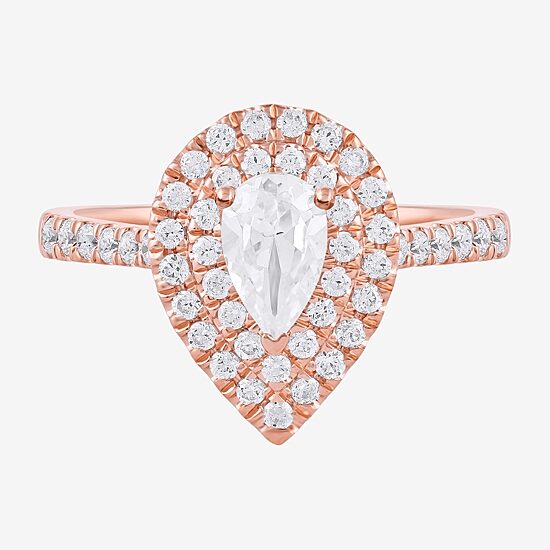 Certified (F / Si1) Womens 1 CT. T.W. Lab Grown White Diamond 10K Gold Pear Side Stone Halo Engagement Ring