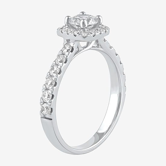 Certified (F / Si1) Womens 1 CT. T.W. Lab Grown White Diamond 10K Gold Cushion Side Stone Halo Engagement Ring
