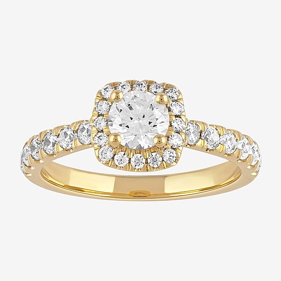 Certified (F / Si1) Womens 1 CT. T.W. Lab Grown White Diamond 10K Gold Cushion Side Stone Halo Engagement Ring