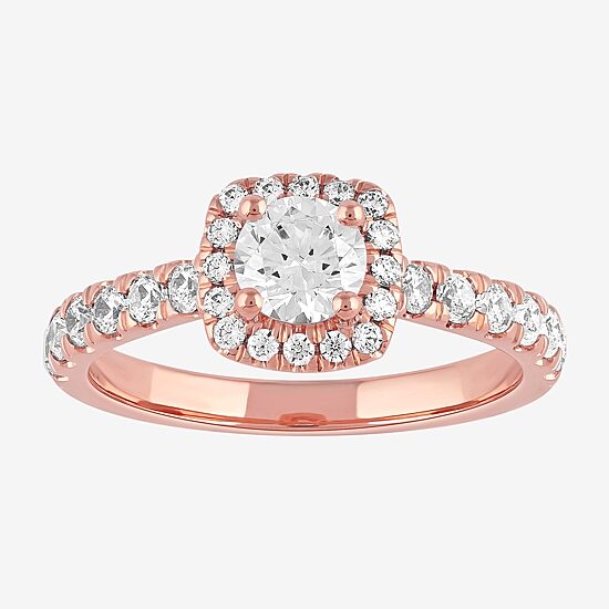 Certified (F / Si1) Womens 1 CT. T.W. Lab Grown White Diamond 10K Gold Cushion Side Stone Halo Engagement Ring