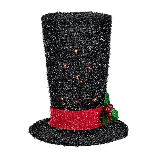 9.25'' Lighted Black Tinsel Top Hat Christmas Tree Topper  Clear Lights