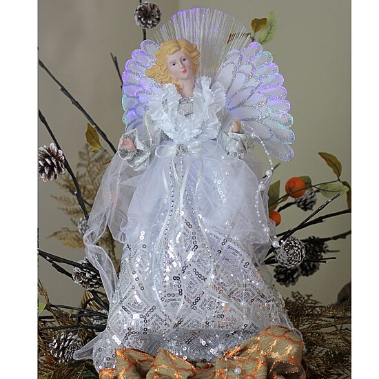 16'' White and Silver Lighted Angel Sequined Gown Christmas Tree Topper