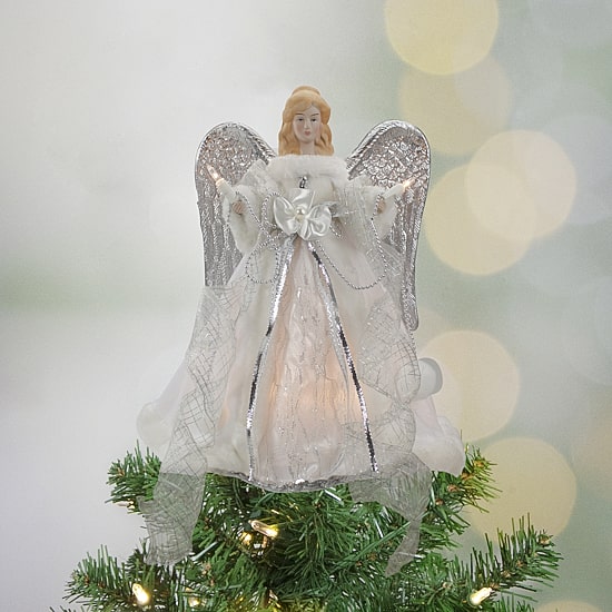 12'' Lighted Silver and White Angel with Wings Christmas Tree Topper - Clear Lights