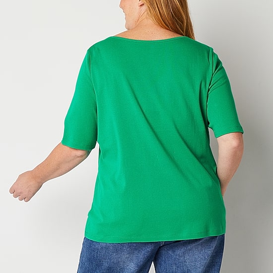 St. John's Bay Womens Plus Boat Neck Elbow Sleeve T-Shirt