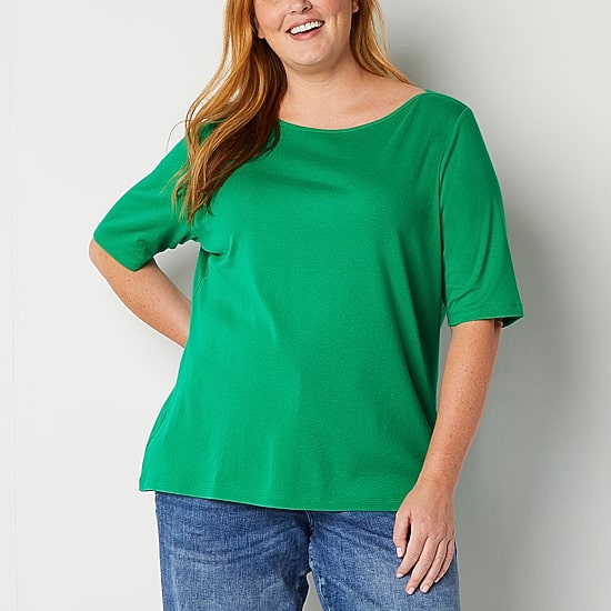 St. John's Bay Womens Plus Boat Neck Elbow Sleeve T-Shirt
