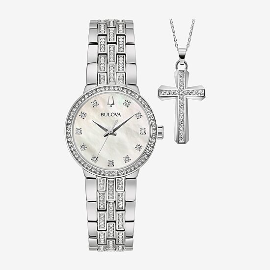 Bulova Classic Crystal Womens Crystal Accent Silver Tone Stainless Steel 2-pc. Watch Boxed Set 96x163
