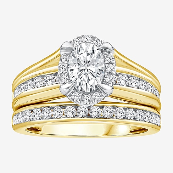 (G / Si1-Si2) Womens 1 1/2 CT. T.W. Lab Grown White Diamond 10K Gold Oval Side Stone Halo Bridal Set