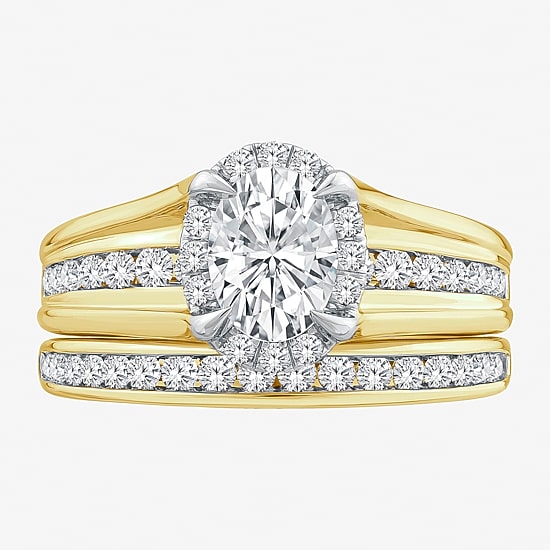 (G / Si1-Si2) Womens 1 1/2 CT. T.W. Lab Grown White Diamond 10K Gold Oval Side Stone Halo Bridal Set