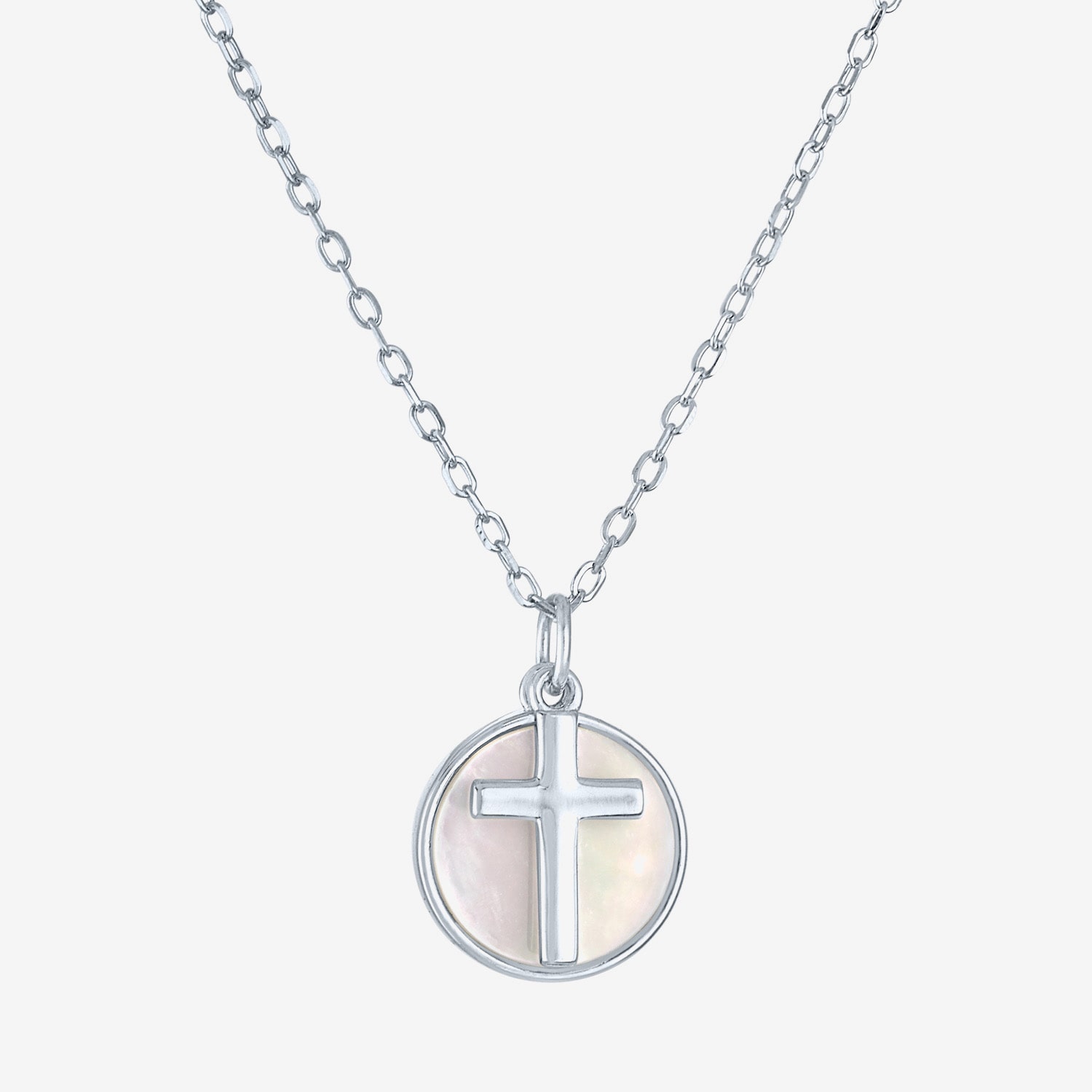 Womens White Mother Of Pearl Sterling Silver Cross Round 15 Inch Pendant Necklace