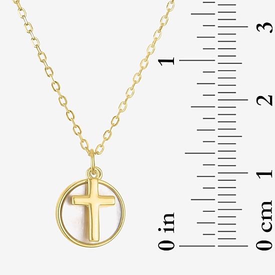 Womens White Mother Of Pearl Sterling Silver Cross Round 15 Inch Pendant Necklace
