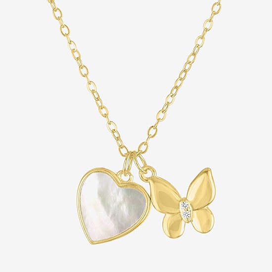 Womens White Mother Of Pearl Sterling Silver Butterfly Heart 15 Inch Pendant Necklace