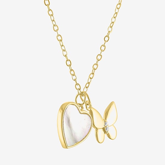 Womens White Mother Of Pearl Sterling Silver Butterfly Heart 15 Inch Pendant Necklace