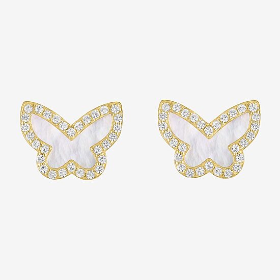 White Mother Of Pearl 14K Gold Over Silver 9mm Butterfly Stud Earrings
