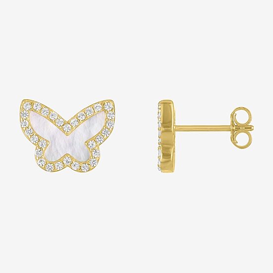 White Mother Of Pearl 14K Gold Over Silver 9mm Butterfly Stud Earrings