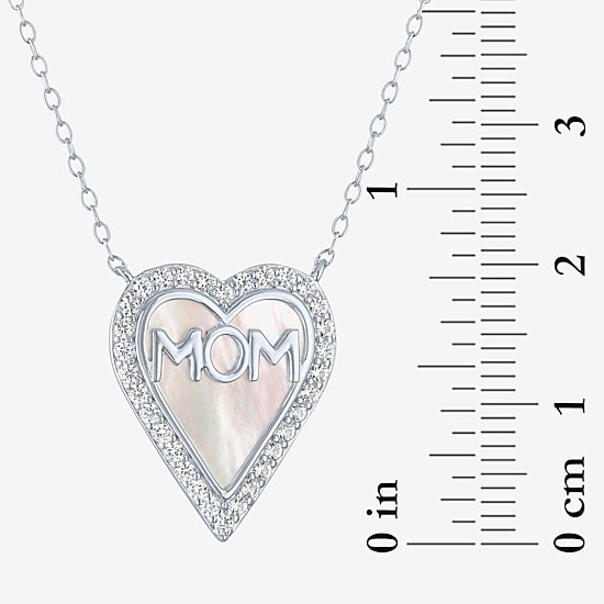 "Mom" Womens White Mother Of Pearl Sterling Silver Heart 16 Inch Pendant Necklace