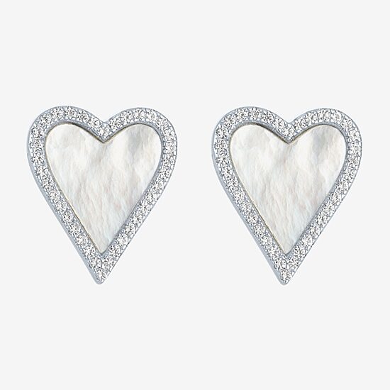White Mother Of Pearl Sterling Silver 15mm Heart Stud Earrings