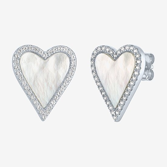 White Mother Of Pearl Sterling Silver 15mm Heart Stud Earrings