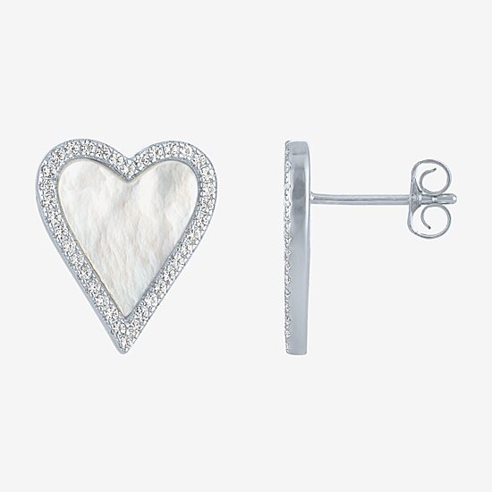 White Mother Of Pearl Sterling Silver 15mm Heart Stud Earrings