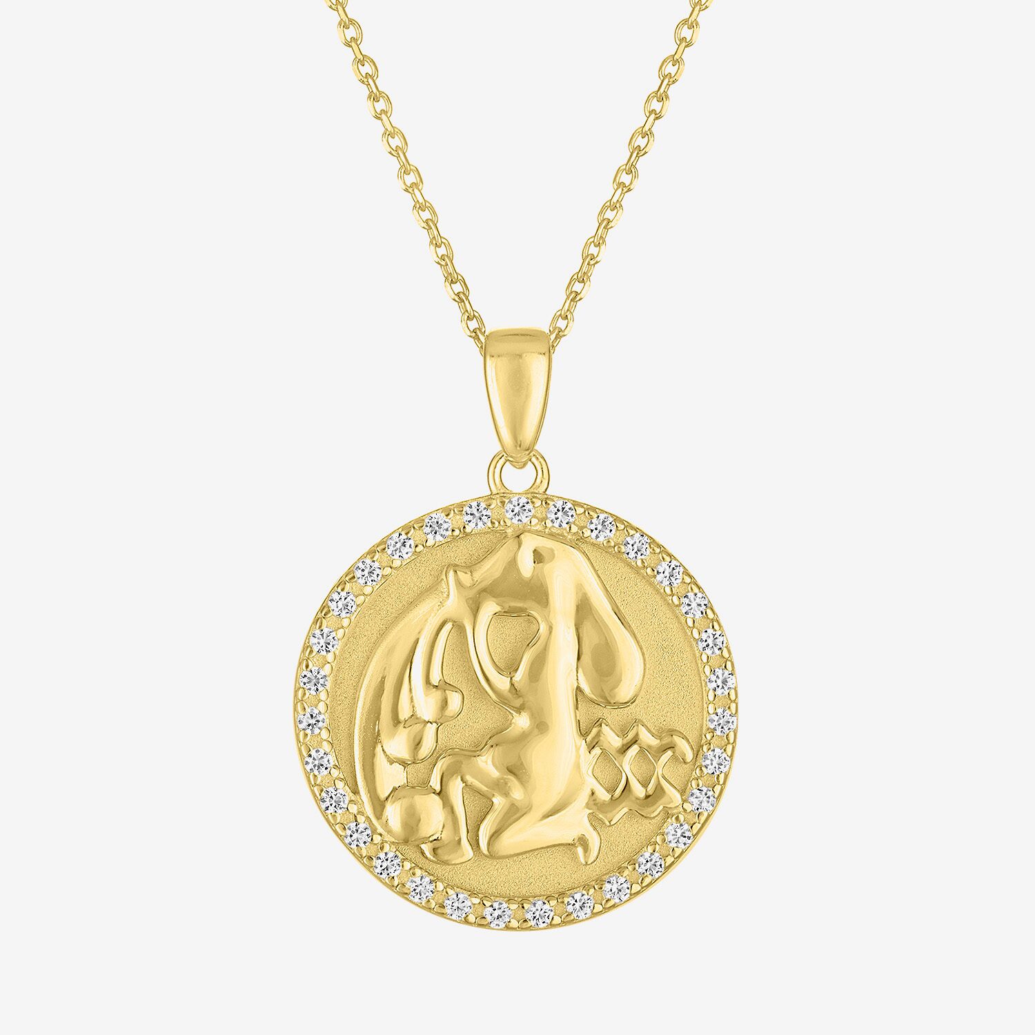Zodiac Womens Lab Created White Sapphire 14K Gold Over Silver Round Pendant Necklace