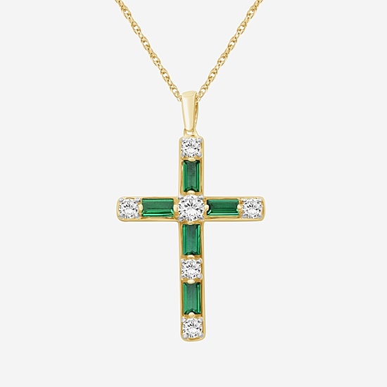 Womens Diamond Accent Lab Created Gemstone 10K White Gold Cross Pendant Necklace