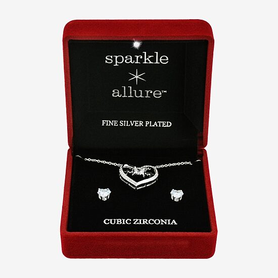 Sparkle Allure Mom Womens Cubic Zirconia Pure Silver Over Brass Heart 2-pc. Jewelry Set